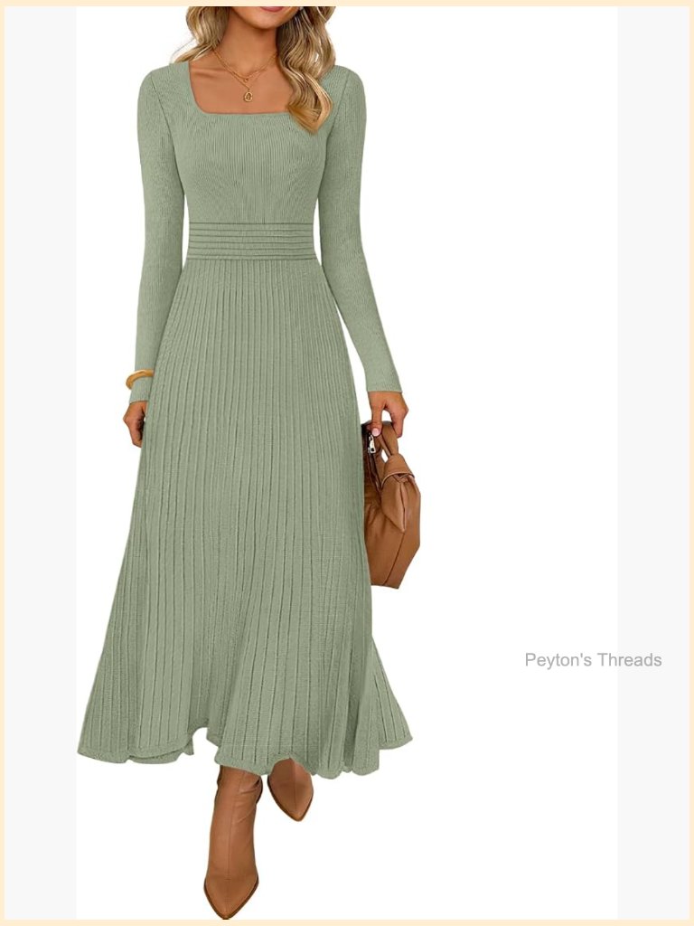 Square Neck Long Sleeve Pleated Knit Sweater Midi Dress